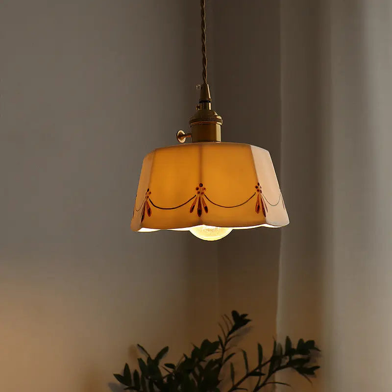 Traditional French Antique Brass Glazed Printed Ceramic Round 1-light Pendant Light for Living Room Lumendat