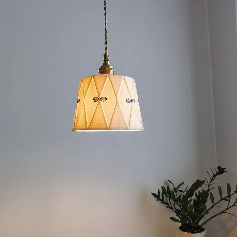 Traditional French Antique Brass Glazed Printed Ceramic Round 1-light Pendant Light for Living Room Lumendat