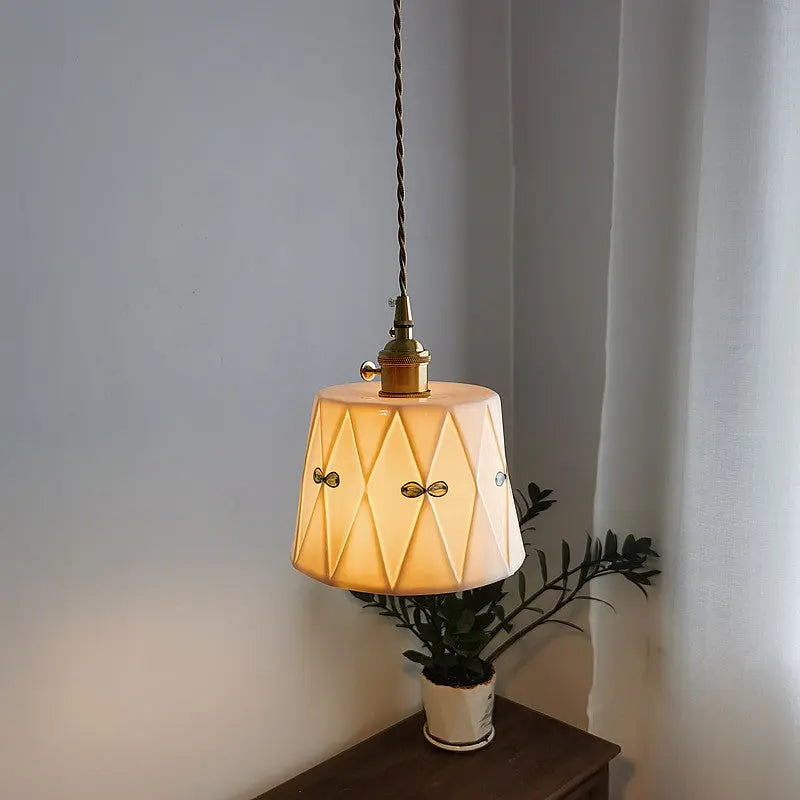 Traditional French Antique Brass Glazed Printed Ceramic Round 1-light Pendant Light for Living Room Lumendat