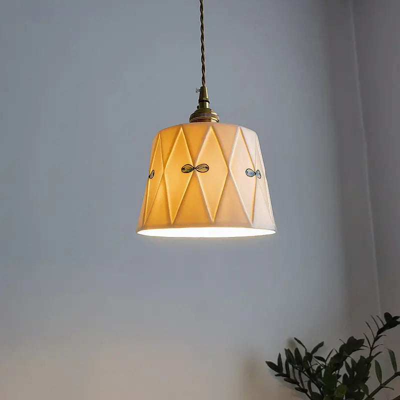 Traditional French Antique Brass Glazed Printed Ceramic Round 1-light Pendant Light for Living Room Lumendat