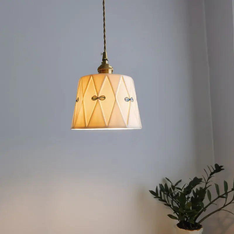 Traditional French Antique Brass Glazed Printed Ceramic Round 1-light Pendant Light for Living Room Lumendat