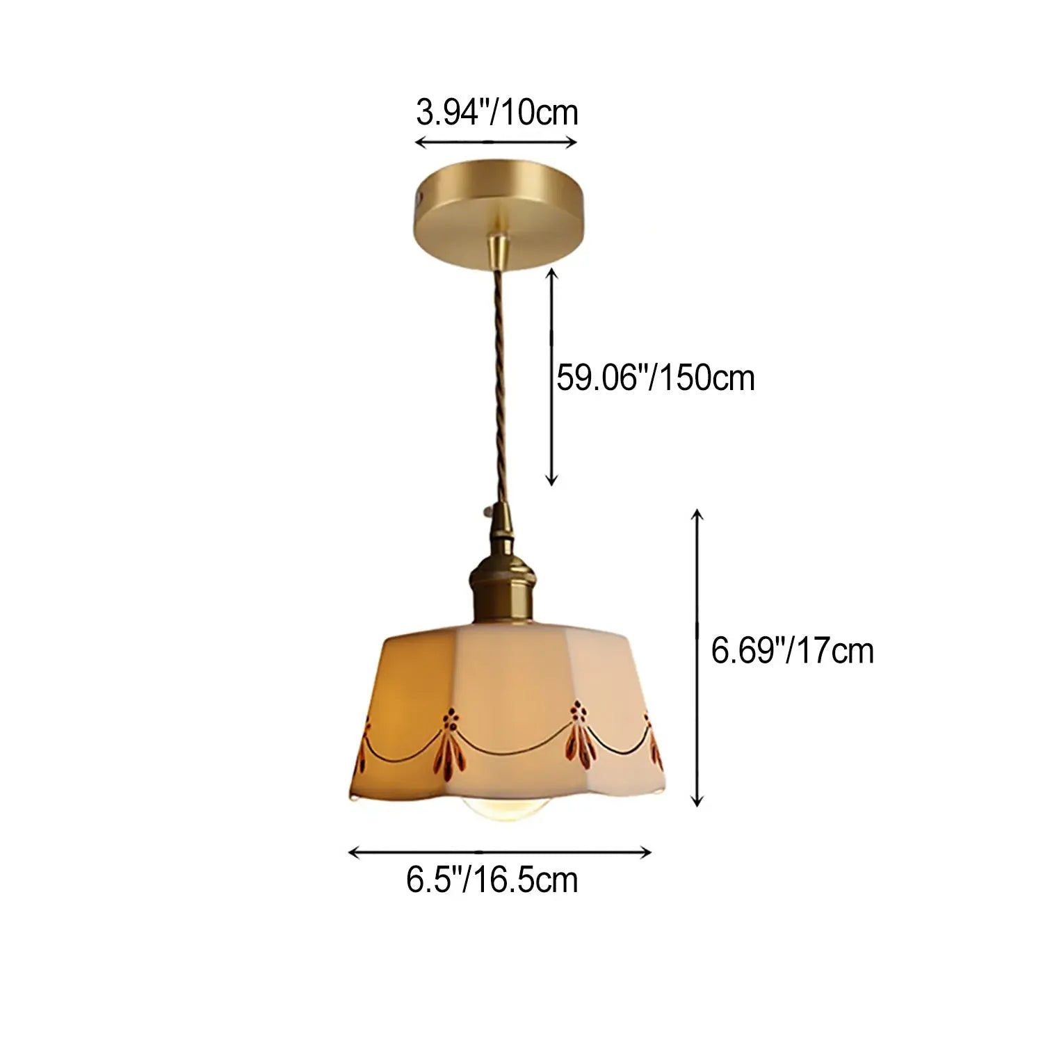 Traditional French Antique Brass Glazed Printed Ceramic Round 1-light Pendant Light for Living Room Lumendat