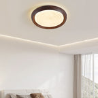 Traditional Japanese Walnut Wood Grain Round Iron LED Flush Mount Ceiling Light For Living Room