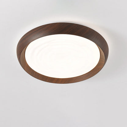 Traditional Japanese Walnut Wood Grain Round Iron LED Flush Mount Ceiling Light For Living Room