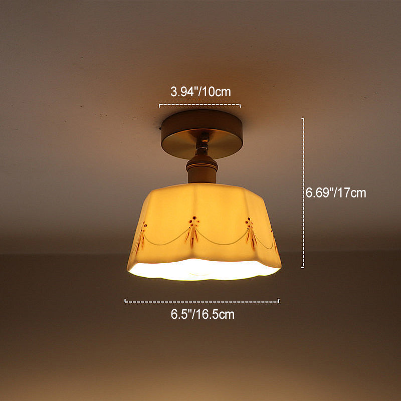 Traditional French Antique Brass Glazed Printed Ceramic Round 1-Light Semi-Flush Mount Ceiling Light For Living Room Lumendat