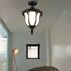 Traditional Vintage Aluminum Polygon Glass 1-Light Waterproof Outdoor Semi-Flush Mount Ceiling Light For Garden Lumendat