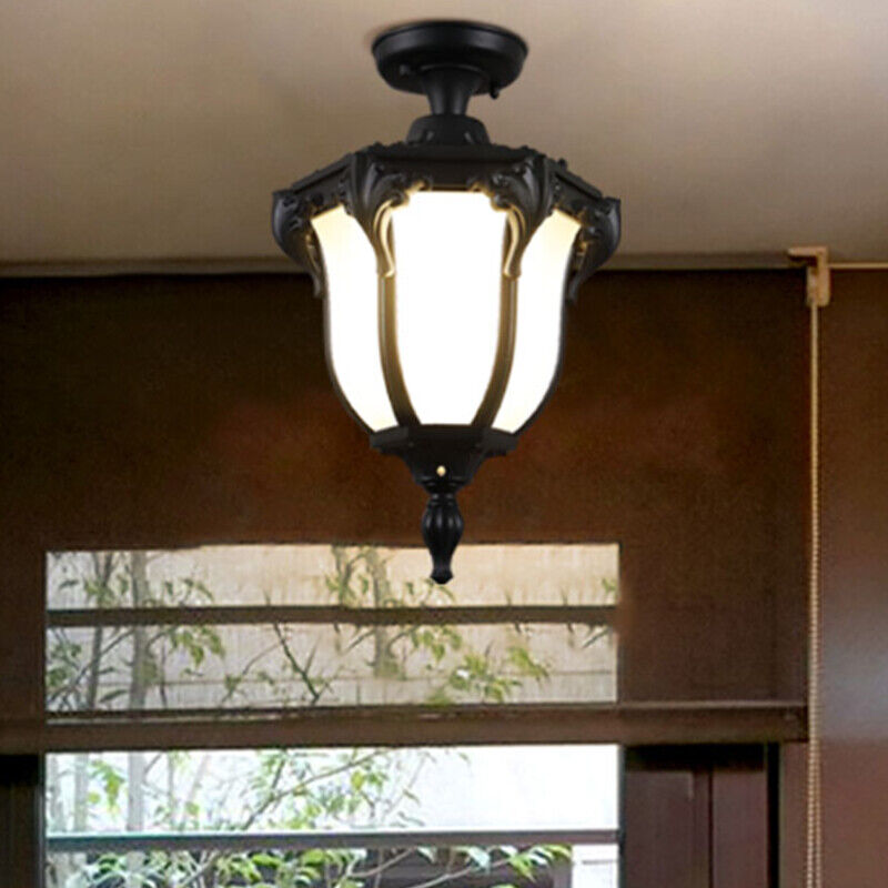 Traditional Vintage Aluminum Polygon Glass 1-Light Waterproof Outdoor Semi-Flush Mount Ceiling Light For Garden Lumendat