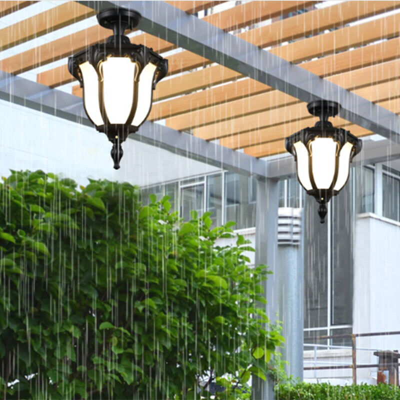 Traditional Vintage Aluminum Polygon Glass 1-Light Waterproof Outdoor Semi-Flush Mount Ceiling Light For Garden Lumendat