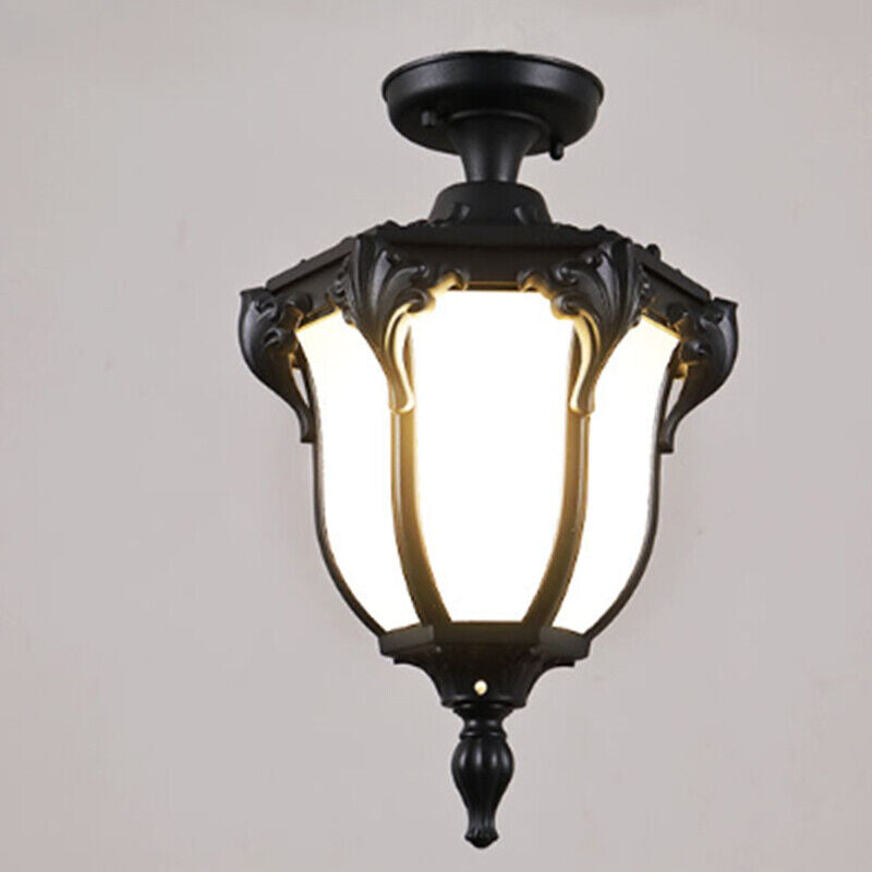 Traditional Vintage Aluminum Polygon Glass 1-Light Waterproof Outdoor Semi-Flush Mount Ceiling Light For Garden Lumendat