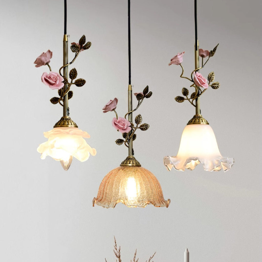 Traditional French Ceramic Rose Flower Frosted Glass Shade 1-light Pendant Light for Living Room BulbSquare