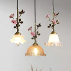 Traditional French Ceramic Rose Flower Frosted Glass Shade 1-light Pendant Light for Living Room BulbSquare