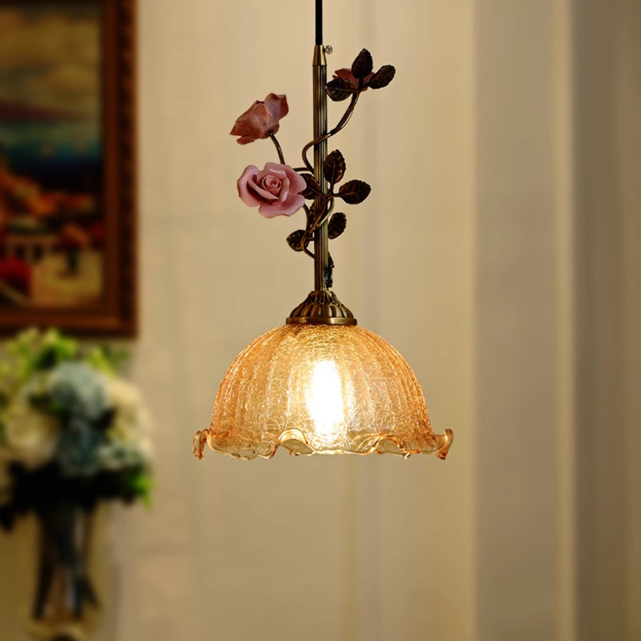 Traditional French Ceramic Rose Flower Frosted Glass Shade 1-light Pendant Light for Living Room BulbSquare
