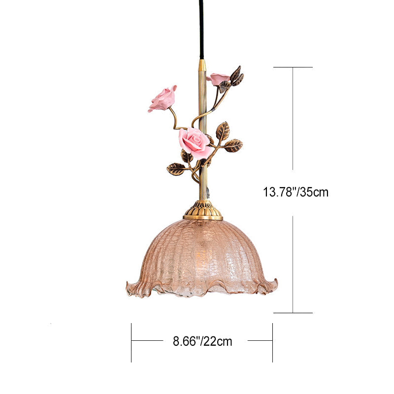 Traditional French Ceramic Rose Flower Frosted Glass Shade 1-light Pendant Light for Living Room BulbSquare