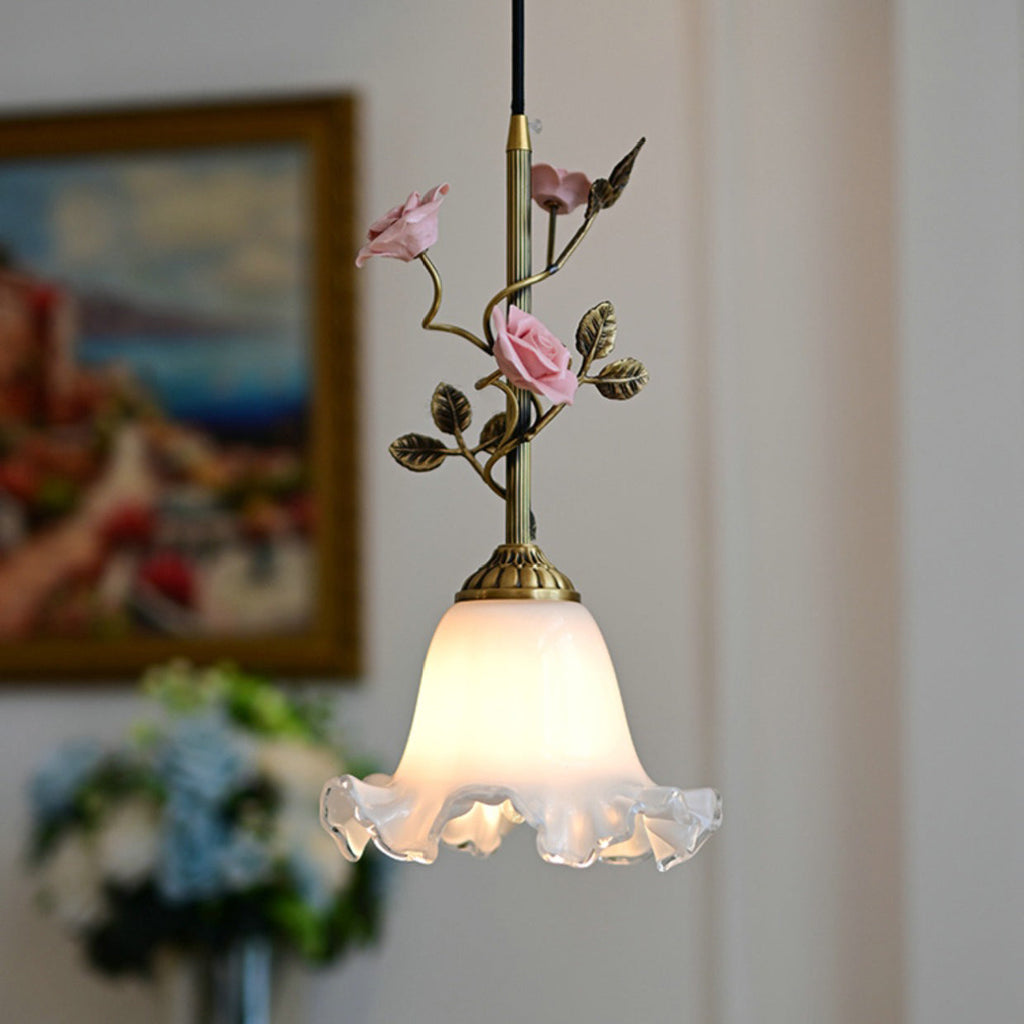 Traditional French Ceramic Rose Flower Frosted Glass Shade 1-light Pendant Light for Living Room BulbSquare