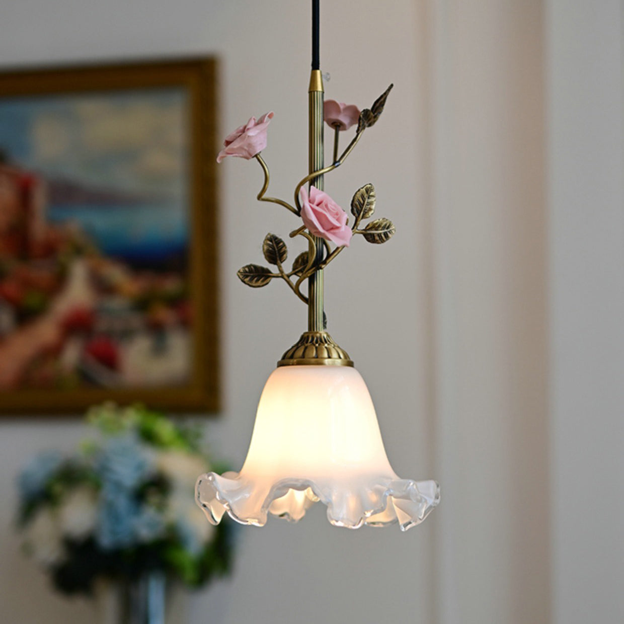 Traditional French Ceramic Rose Flower Frosted Glass Shade 1-light Pendant Light for Living Room BulbSquare