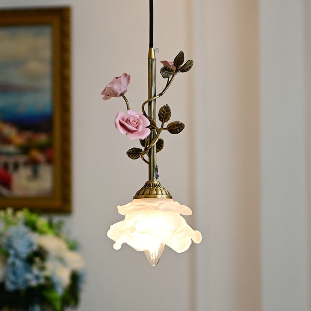 Traditional French Ceramic Rose Flower Frosted Glass Shade 1-light Pendant Light for Living Room BulbSquare