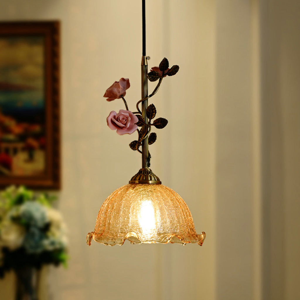 Traditional French Ceramic Rose Flower Frosted Glass Shade 1-light Pendant Light for Living Room BulbSquare