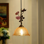 Traditional French Ceramic Rose Flower Frosted Glass Shade 1-light Pendant Light for Living Room BulbSquare