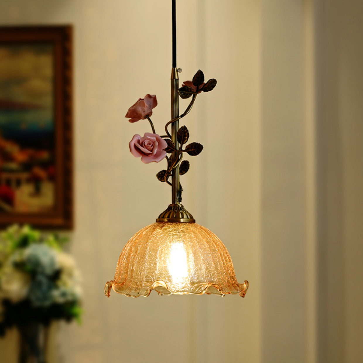 Traditional French Ceramic Rose Flower Frosted Glass Shade 1-light Pendant Light for Living Room BulbSquare
