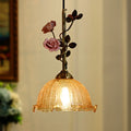 Traditional French Ceramic Rose Flower Frosted Glass Shade 1-light Pendant Light for Living Room BulbSquare