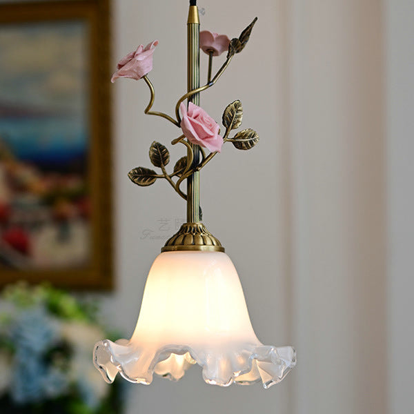 Traditional French Ceramic Rose Flower Frosted Glass Shade 1-light Pendant Light for Living Room BulbSquare