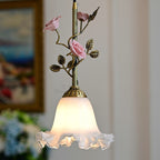 Traditional French Ceramic Rose Flower Frosted Glass Shade 1-light Pendant Light for Living Room BulbSquare