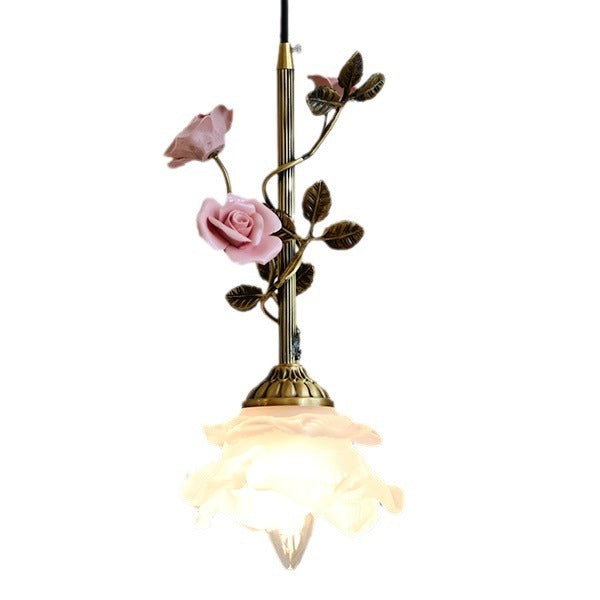Traditional French Ceramic Rose Flower Frosted Glass Shade 1-light Pendant Light for Living Room BulbSquare