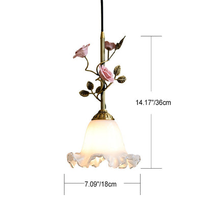Traditional French Ceramic Rose Flower Frosted Glass Shade 1-Light Pendant Light For Living Room