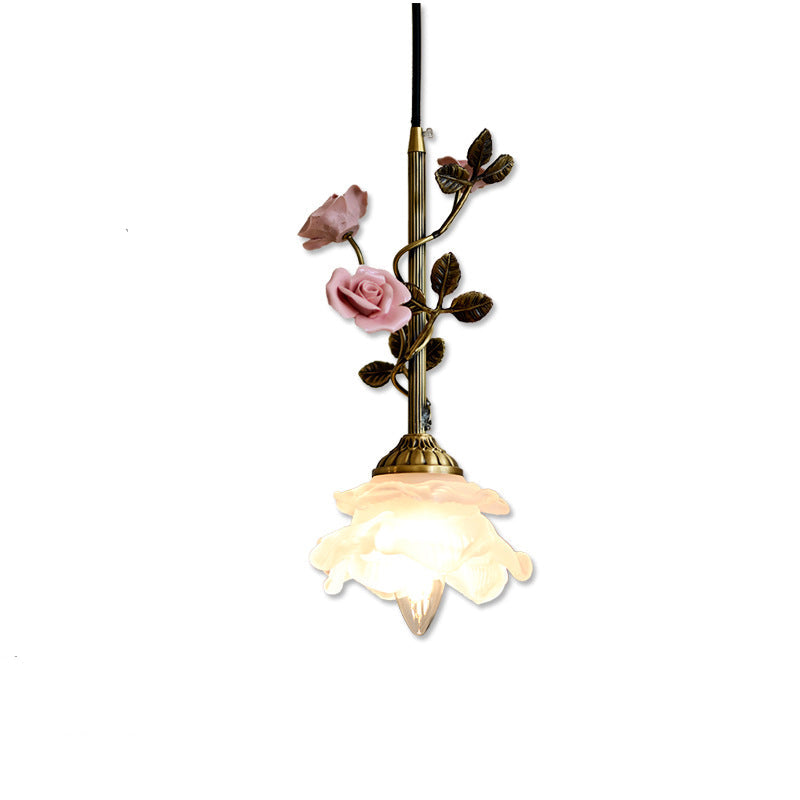 Traditional French Ceramic Rose Flower Frosted Glass Shade 1-light Pendant Light for Living Room BulbSquare