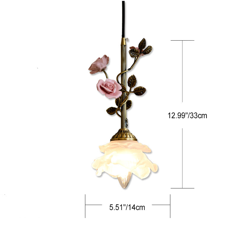 Traditional French Ceramic Rose Flower Frosted Glass Shade 1-light Pendant Light for Living Room BulbSquare
