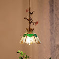 Traditional Tiffany Stained Glass Conical Shade Ceramic Rose Flower 1-Light Pendant Light For Living Room