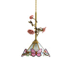 Traditional Tiffany Stained Glass Conical Shade Ceramic Rose Flower 1-Light Pendant Light For Living Room