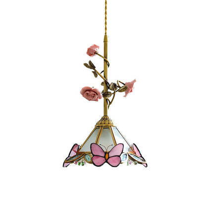 Traditional Tiffany Stained Glass Conical Shade Ceramic Rose Flower 1-Light Pendant Light For Living Room