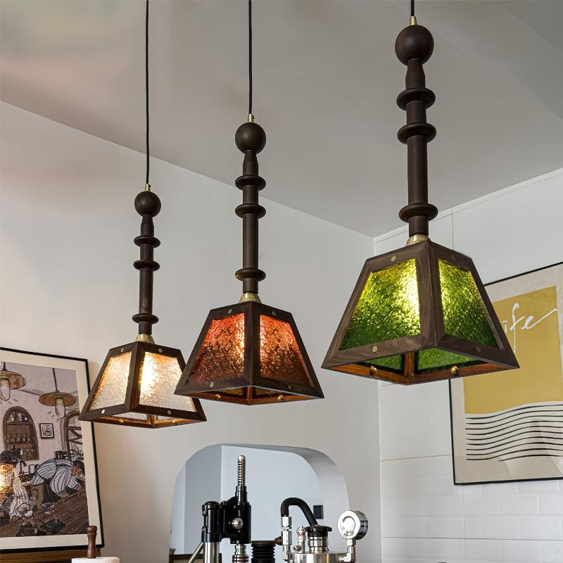 Traditional Vintage Walnut Wood Begonia Trapezoid Glass Shade 1-Light Pendant Light For Living Room