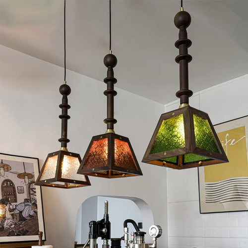 Traditional Vintage Walnut Wood Begonia Trapezoid Glass Shade 1-Light Pendant Light For Living Room