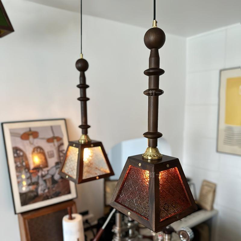 Traditional Vintage Walnut Wood Begonia Trapezoid Glass Shade 1-Light Pendant Light For Living Room