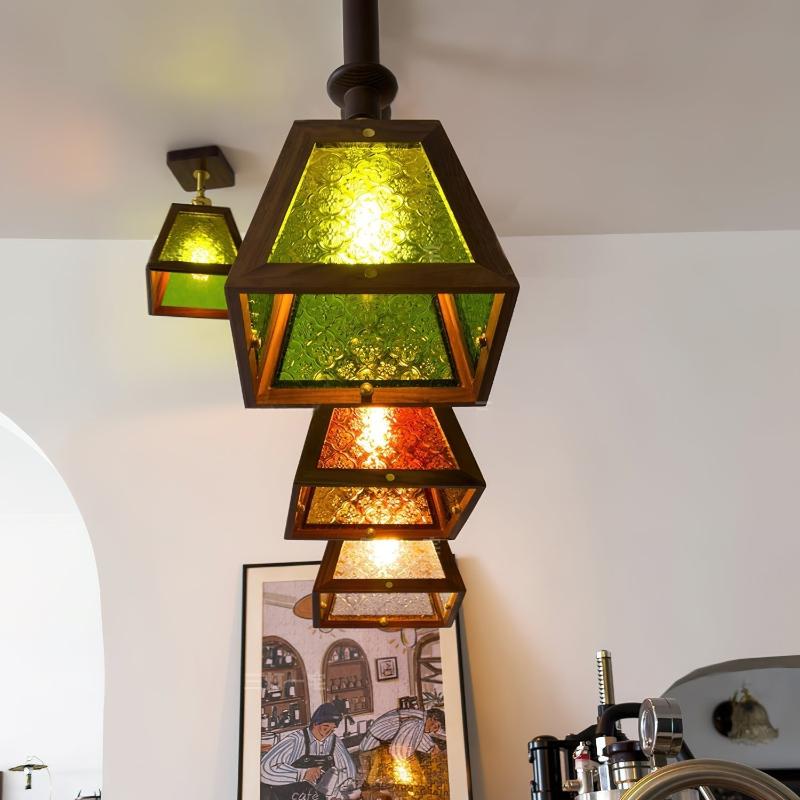 Traditional Vintage Walnut Wood Begonia Trapezoid Glass Shade 1-Light Pendant Light For Living Room