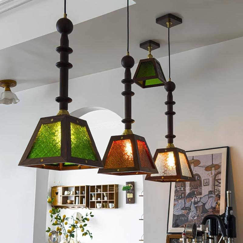 Traditional Vintage Walnut Wood Begonia Trapezoid Glass Shade 1-Light Pendant Light For Living Room