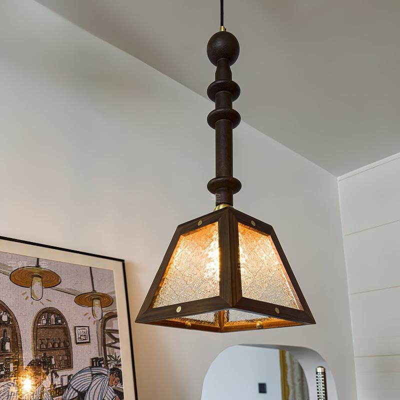 Traditional Vintage Walnut Wood Begonia Trapezoid Glass Shade 1-Light Pendant Light For Living Room