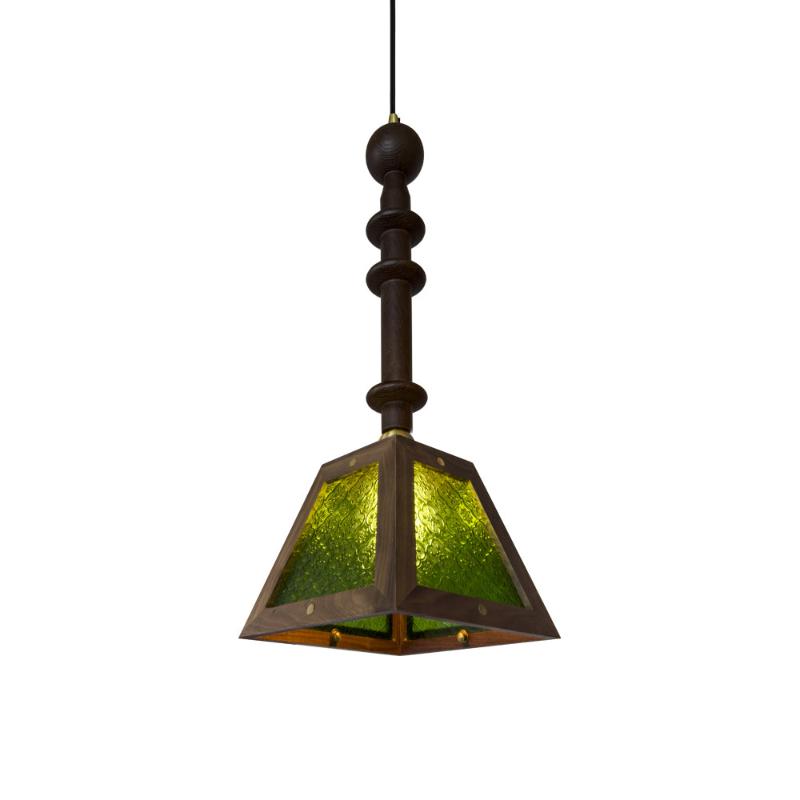 Traditional Vintage Walnut Wood Begonia Trapezoid Glass Shade 1-Light Pendant Light For Living Room