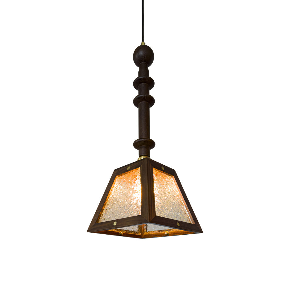 Traditional Vintage Walnut Wood Begonia Trapezoid Glass Shade 1-Light Pendant Light For Living Room
