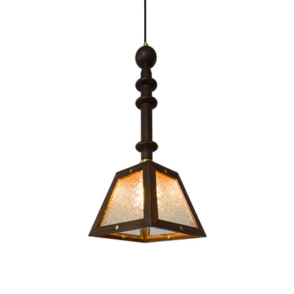 Traditional Vintage Walnut Wood Begonia Trapezoid Glass Shade 1-Light Pendant Light For Living Room