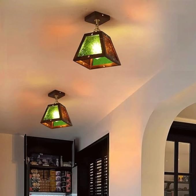 Traditional Vintage Wood Begonia Trapezoid Glass Shade 1-Light Semi-Flush Mount Ceiling Light For Living Room