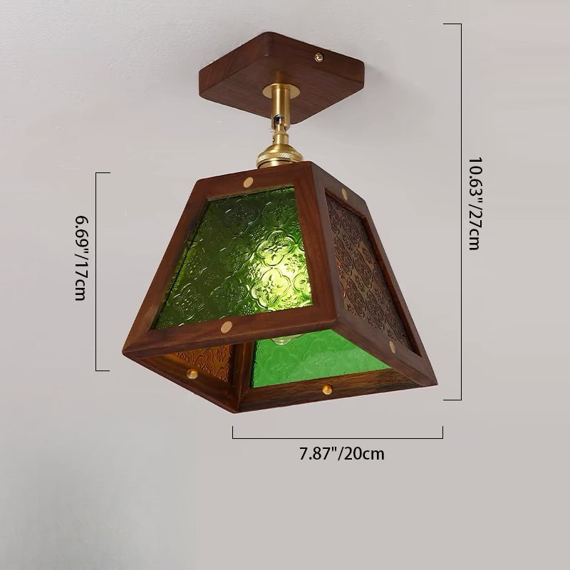 Traditional Vintage Wood Begonia Trapezoid Glass Shade 1-Light Semi-Flush Mount Ceiling Light For Living Room