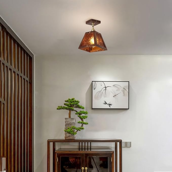 Traditional Vintage Wood Begonia Trapezoid Glass Shade 1-Light Semi-Flush Mount Ceiling Light For Living Room
