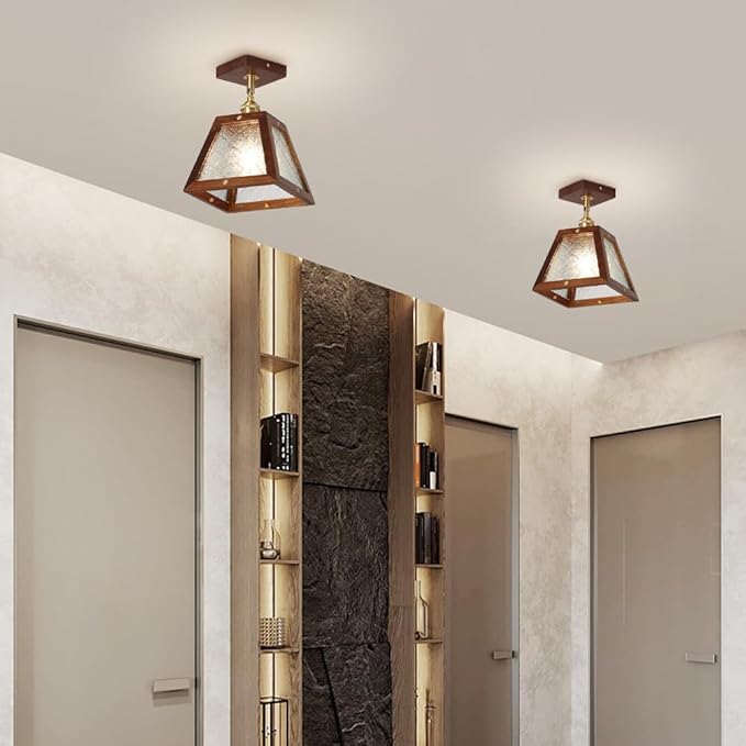 Traditional Vintage Wood Begonia Trapezoid Glass Shade 1-Light Semi-Flush Mount Ceiling Light For Living Room