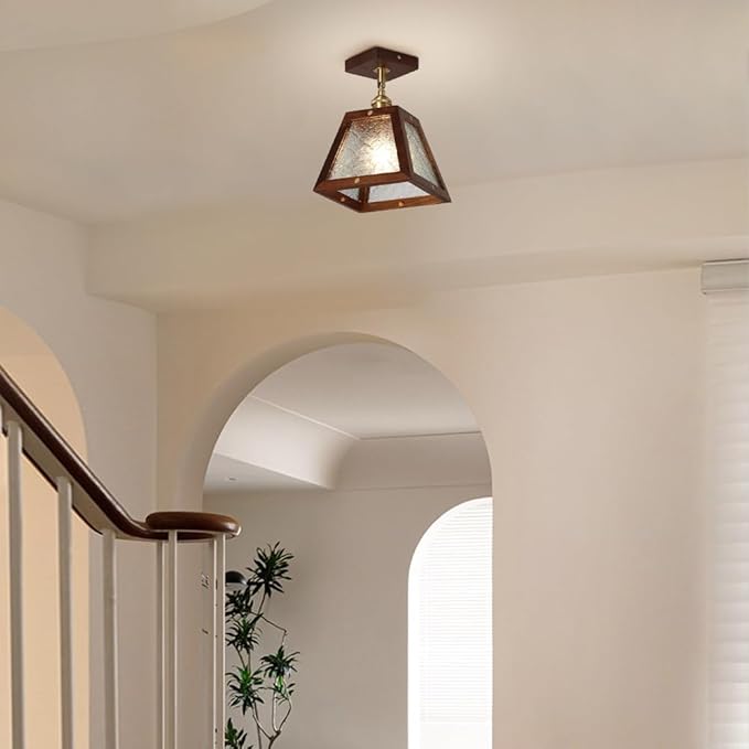 Traditional Vintage Wood Begonia Trapezoid Glass Shade 1-Light Semi-Flush Mount Ceiling Light For Living Room