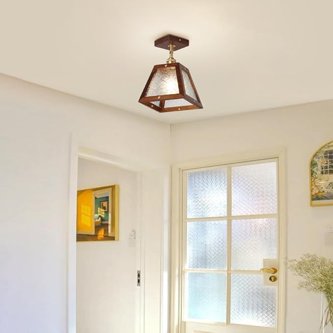 Traditional Vintage Wood Begonia Trapezoid Glass Shade 1-Light Semi-Flush Mount Ceiling Light For Living Room