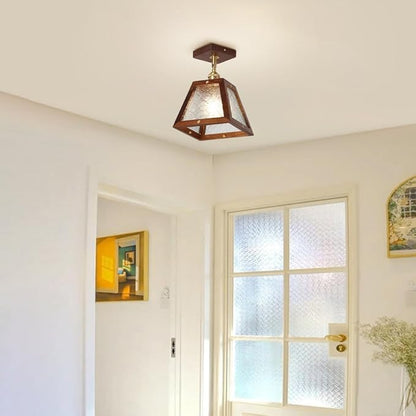 Traditional Vintage Wood Begonia Trapezoid Glass Shade 1-Light Semi-Flush Mount Ceiling Light For Living Room