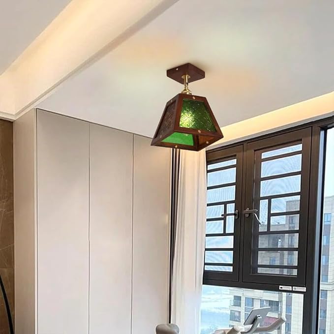 Traditional Vintage Wood Begonia Trapezoid Glass Shade 1-Light Semi-Flush Mount Ceiling Light For Living Room